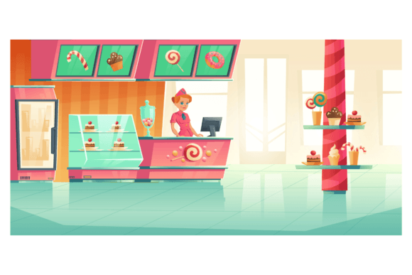 Download Bakery and Candy Shop Interior with Cashier Behind Bar Counter - Bakery Collection